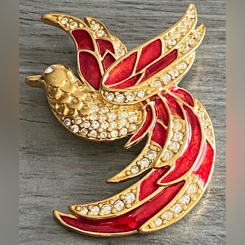 Vintage Giorgio Gold Tone Red Enamel Bird Brooch – Rhinestone Statement Pin
